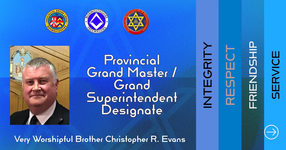 <a href="/monmasons/">Monmouthshire Masons</a> are delighted to announce that the Provincial Grand Master #Craft and Grand Superintendent #RoyalArch Designate is Christopher R. Evans, currently Deputy Provincial Grand Master. We offer Chris many congratulations and to supporting him for many years to come.