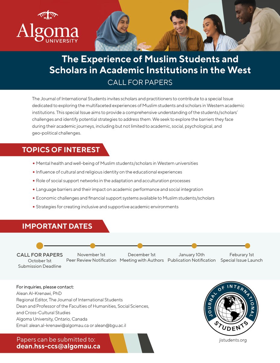 jistudents's tweet photo. The Journal of International Students invites scholars and practitioners to contribute to a Special Issue dedicated to exploring the multifaceted experiences of Muslim students and scholars in Western academic institutions. https://t.co/D3cNXL7miw
