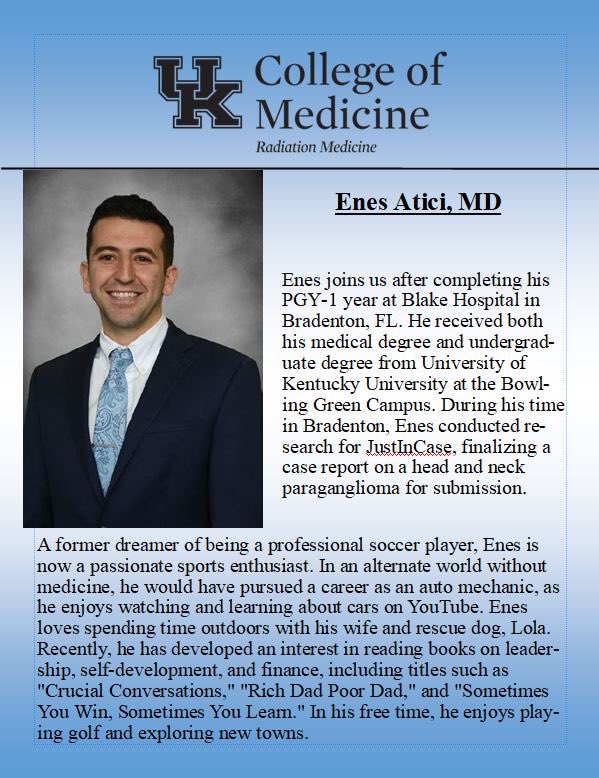 We are excited to introduce our new Radiation Oncology residents! Welcome to the team Dr. Enes Atici and Dr. Jovan Pierre-Charles!! 🎉

<a href="/EddySYang/">Eddy Yang, MD, PhD, FASCO</a> <a href="/DrAradhanaK/">Aradhana Kaushal</a> <a href="/waleed246/">Waleed F. Mourad</a> <a href="/Deniskafab/">Denise Fabian</a> <a href="/RadOncBR/">@RadOncBR - Rafael Carvalho, MD</a> <a href="/TomOldland/">Tom Oldland</a> 
<a href="/astro_org/">ASTRO</a> <a href="/arro_org/">ARRO</a> #radonc ☢️ <a href="/UKMarkey/">Markey Cancer Center</a> <a href="/UKYMedicine/">University of Kentucky College of Medicine</a>
