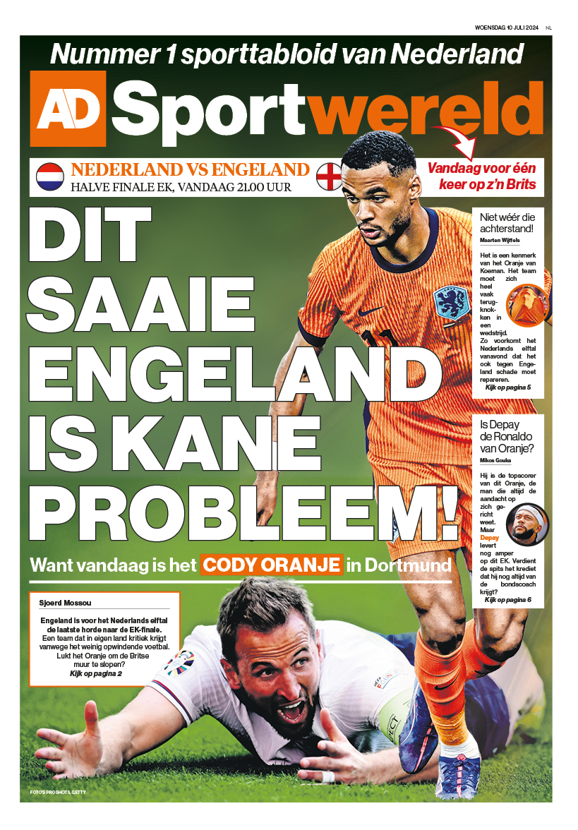 ADSportwereld's tweet photo. Dear colleagues from @TheSun, @MailOnline and @DailyMirror. You have inspired us to make the front page of our sports section in the run-up to the semi-final between the Netherlands and England in British tabloid style. Enjoy it and have a great match! https://t.co/C9RfG47HZC