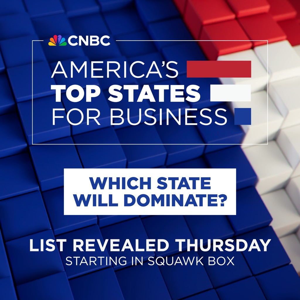 CNBC Ambition (@cnbcambition) on Twitter photo America’s Top States For Business is back!
<a href="/ScottCohnTV/">Scott Cohn</a> will reveal the 2024 Top State For Business this Thursday, July 11th, on <a href="/SquawkCNBC/">Squawk Box</a> on <a href="/CNBC/">CNBC</a>.
Find out where your state ranks at TopStates.CNBC.com.
#TopStates #business #innovation #businessnews #cnbc America’s Top States For Business is back!
<a href="/ScottCohnTV/">Scott Cohn</a> will reveal the 2024 Top State For Business this Thursday, July 11th, on <a href="/SquawkCNBC/">Squawk Box</a> on <a href="/CNBC/">CNBC</a>.
Find out where your state ranks at TopStates.CNBC.com.
#TopStates #business #innovation #businessnews #cnbc