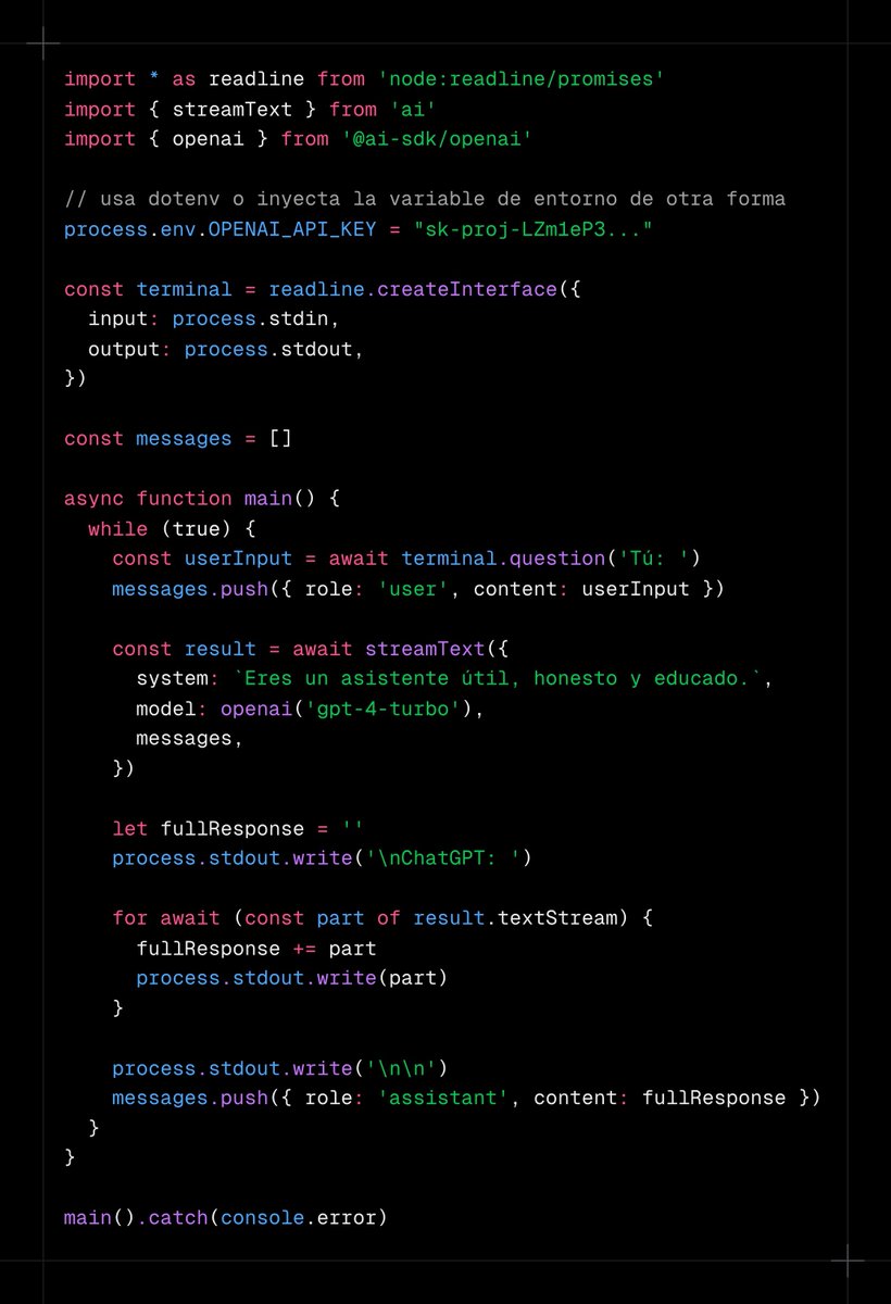 midudev's tweet image. Crea tu propio ChatGPT para terminal en Node.js.
¡En menos de 40 líneas de código!

Instala estas dos dependencias:
npm install ai @ai-sdk/openai

Y aquí tienes el código: