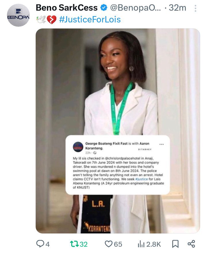 bongo_tribe's tweet photo. Lois Abena Koranteng Boss and the driver should be arrested ASAP. The hotel and who ever was in the hotel that night or even that day would have been in trouble if it was USA 🇺🇸 They will lock you all in the hotel for quick investigation. Ghana ??? Funny !!! #JusticeForLois https://t.co/iBsAy6SveE