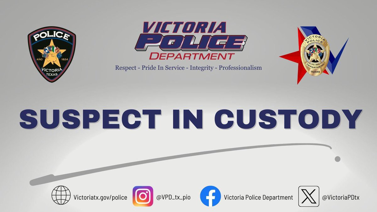 MURDER SUSPECT IN CUSTODY

On Monday, July 8, 2024, at approximately 9:30 p.m., Victoria Police Department officers responded to the 600 block of East Water Street in reference to a vehicle crash. 

Read more: victoriapd.com/DocumentCenter…