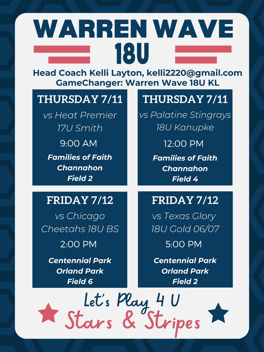 ❗️Schedule Alert❗️

Come check us out at the LP4U Stars and Stripes tournament 🇺🇸

Go Wave!