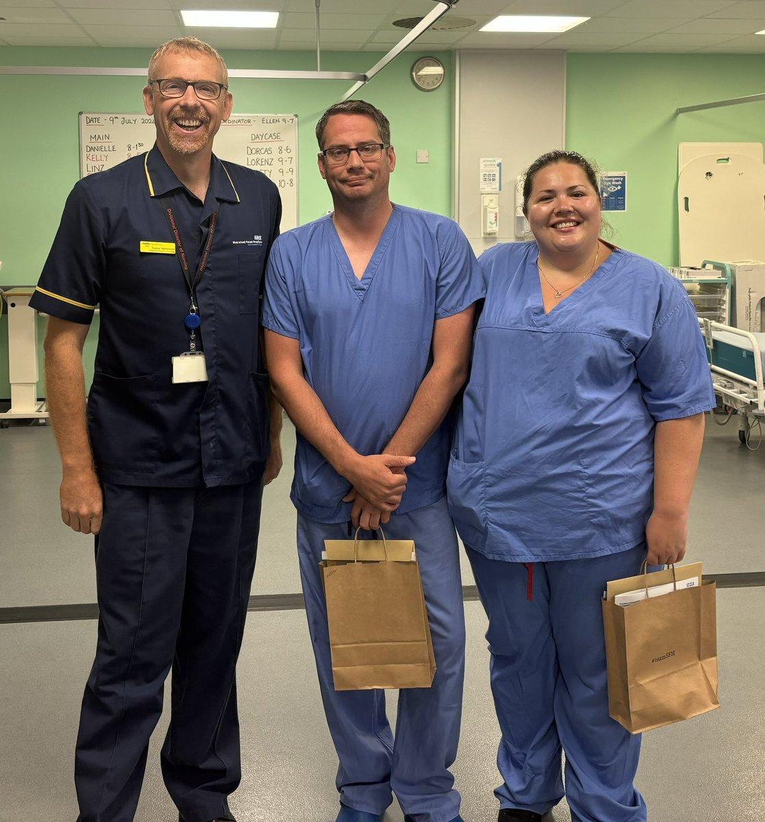 Well done to Matt and Charlotte for gaining band 5 positions in theatre following their apprenticeship ODP training . Trevor presented them with their golden tickets this morning it was a lovely celebration for two wonderful staff 🍰🧁🍩🍪