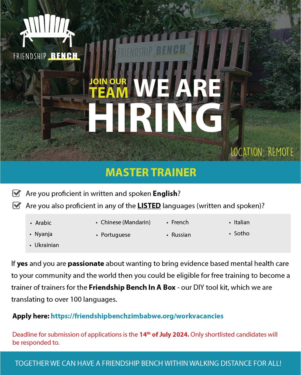 Are you passionate about wanting to bring evidence based mental health care to your community and the world?

#Opportunity alert - Join our Team 

📌 We are #Hiring - Master Trainers
🚩 Applications close 14 July 2024, 4pm (CAT)

APPLY HERE 👇 
friendshipbenchzimbabwe.org/workvacancies