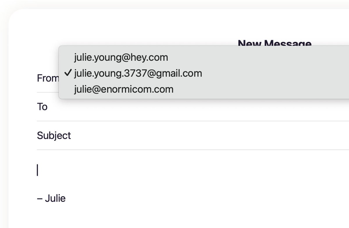 New in HEY: Set up and customize name tags for your send as addresses, like Gmail or another domain 📇

Head to Settings › your email › Forwarding &amp; Sending › Edit › Edit your contact info and flip the switch to add a name tag.