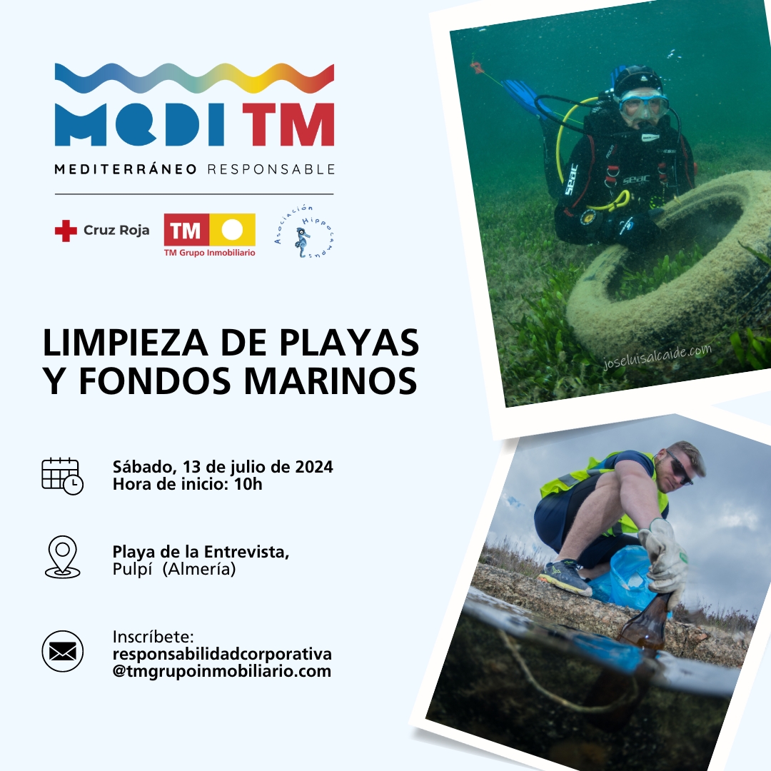 Mediterráneo Responsable 🔵
¡Continuamos con las limpiezas marinas! 
Este sábado 13 de julio, en la playa de la Entrevista (Almería) junto a los valientes que se unan.
¡Inscríbete y únete a nosotros!
#asociacionhippocampus #proyectoplumbum #marmenor #marmediterraneo #parati