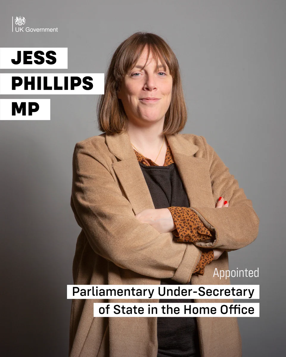 Photo of Minister Jess Phillips, with text that reads: Jess Phillips MP - Appointed Parliamentary Under-Secretary of State in the Home Office. 