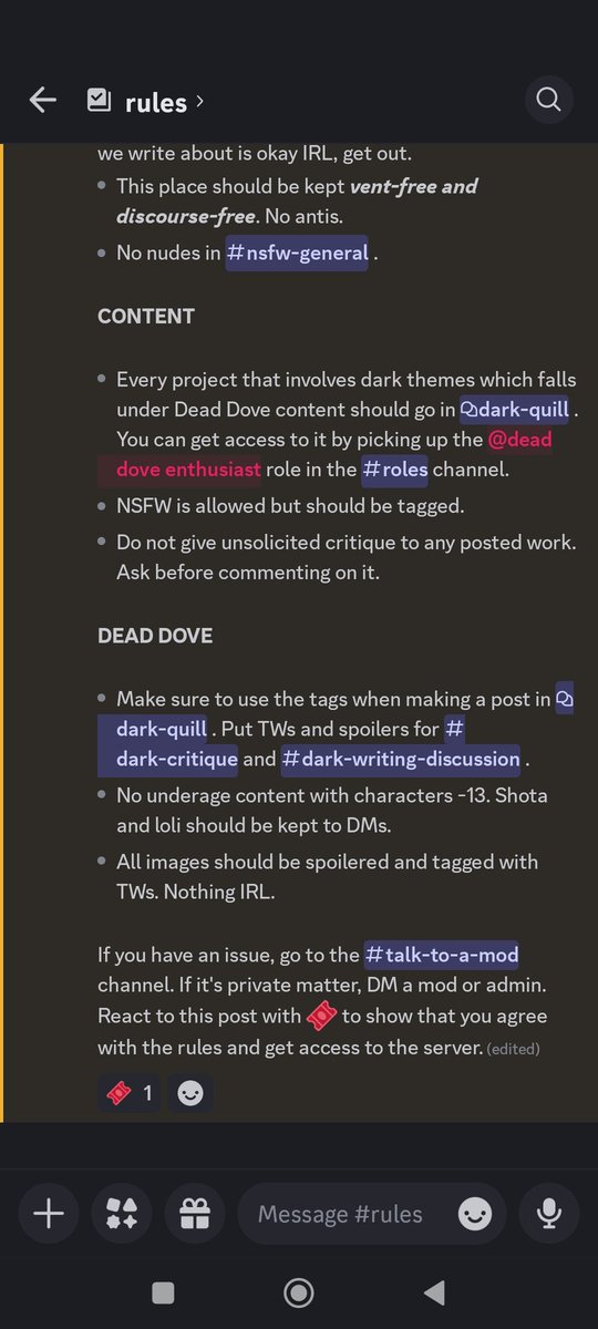 screamyvoid's tweet photo. Hello proship twt, I made a server specifically for dead dove writers and profic aspiring authors! It's centered around dark romance, but you don't need to write that genre to join. Hit me up with a DM if you're interested!
Below are pics of the server rules and its look. https://t.co/t6lem0l7vA