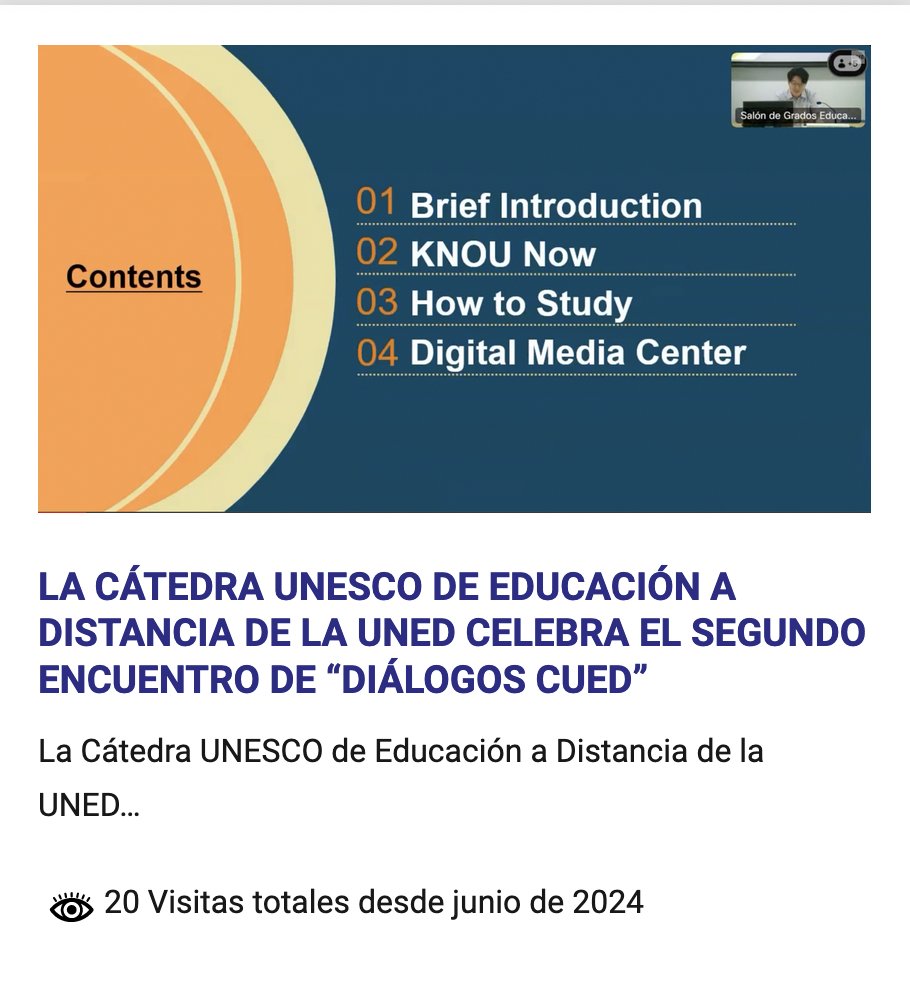 Cátedra UNESCO EaD (@cued_) on Twitter photo Vídeo completo del segundo seminario de #DiálogosCUED en Educación Abierta, a Distancia y Digital con Taehan Kim de la Korean National Open University de Corea del Sur, moderado por <a href="/inesgj3/">Inés Gil Jaurena</a>
👉 canal.uned.es/video/667e6071…
y noticia en nuestro blog
blogs.uned.es/cued/encuentro… Vídeo completo del segundo seminario de #DiálogosCUED en Educación Abierta, a Distancia y Digital con Taehan Kim de la Korean National Open University de Corea del Sur, moderado por <a href="/inesgj3/">Inés Gil Jaurena</a>
👉 canal.uned.es/video/667e6071…
y noticia en nuestro blog
blogs.uned.es/cued/encuentro…