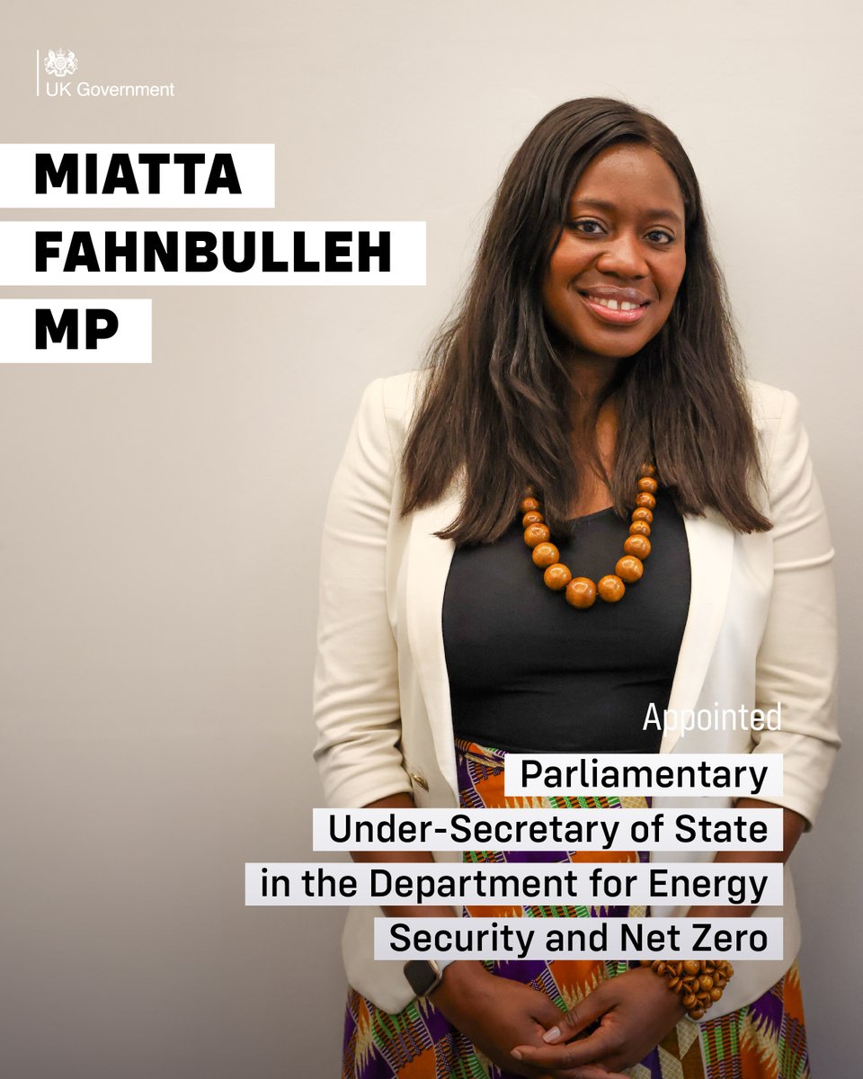 Miatta Fahnbulleh MP <a href="/Miatsf/">Miatta Fahnbulleh</a> has been appointed Parliamentary Under-Secretary of State in the Department for Energy Security and Net Zero <a href="/energygovuk/">Department for Energy Security and Net Zero</a>