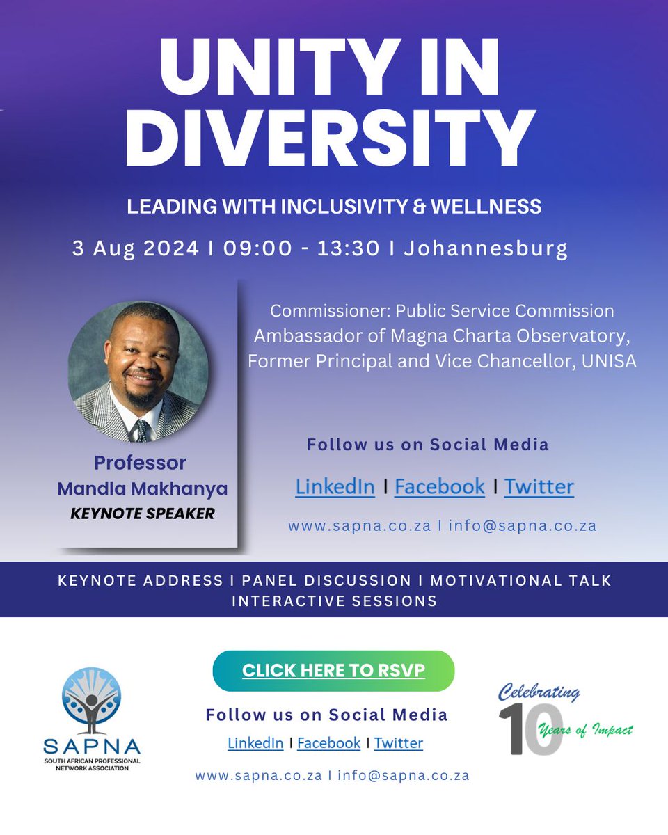We're honored to have Prof. Mandla Makhanya, Commissioner of Public Service Commission and former VC of UNISA, as our keynote speaker! 🌟
Join us to learn about empowering SA professionals through inclusive leadership and emotional wellness.

Register now: lnkd.in/duyrUh2j