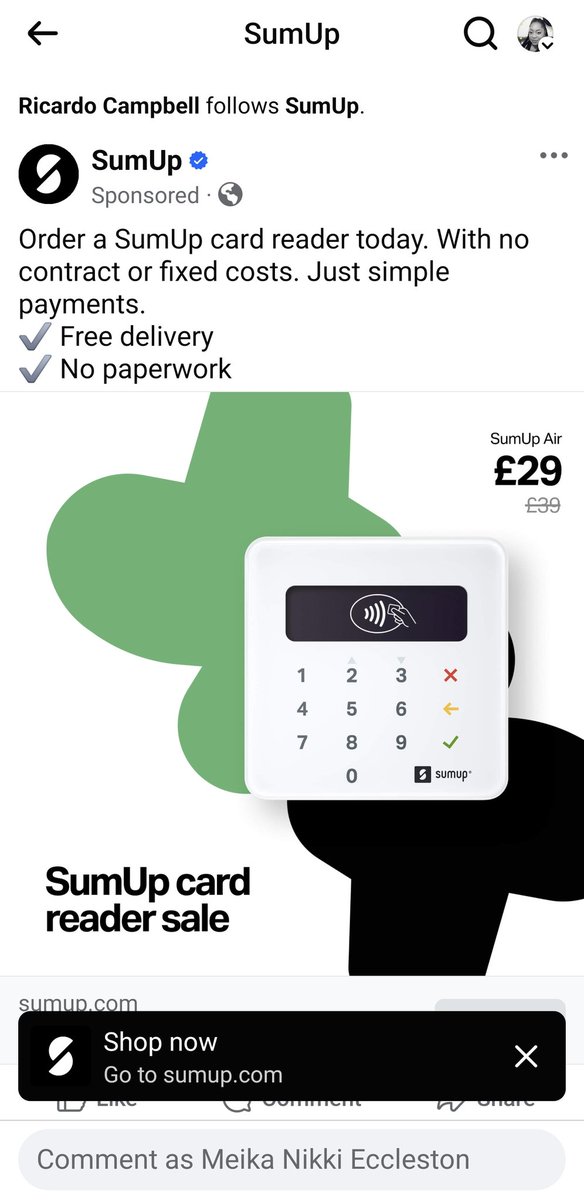 MeikaNikai's tweet photo. @SumUp researching to get one of your machines. What's with the false advert. Advert says £29 slashed from £39, when I go into the website no such thing. ?? Was that a clickbait? https://t.co/bKod08rFfV