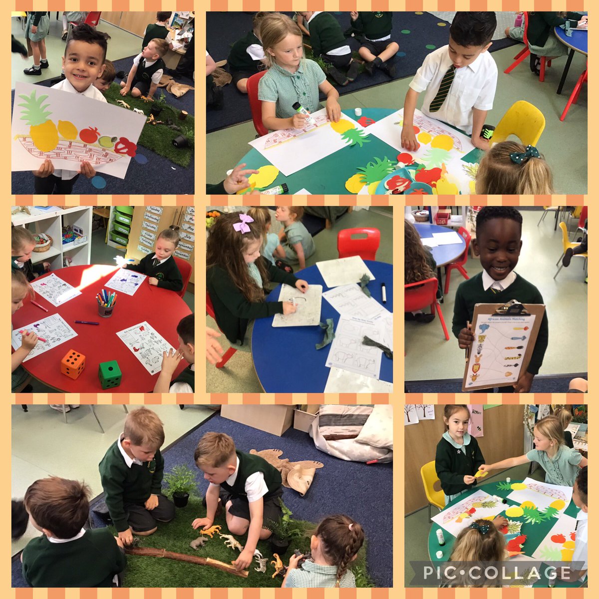 ReceptionOaky's tweet photo. This week we have been looking at the story ‘Handa’s Surprise’. We have had a great time making pictures of our very own fruit baskets and talking about the adjectives used to describe the different fruits. https://t.co/f2FoaK5KCF
