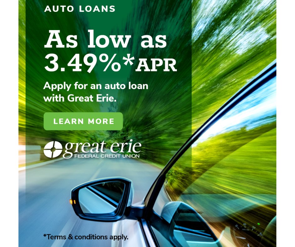 🚗💨 July Auto Loan Promotion! 🚗💨
Rev up your summer with Great Erie FCU's auto loans as low as 3.49% APR! Whether you're purchasing a new ride or refinancing, we've got you covered.
Don't miss out!

Terms &amp; conditions apply. join.greateriefcu.com
#AutoLoan #SummerSavings...