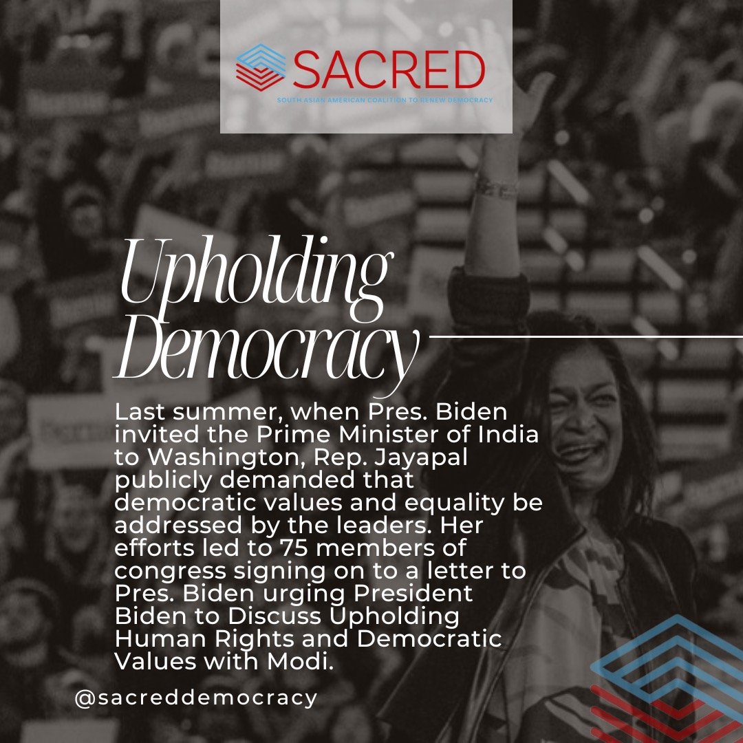 Last year, <a href="/PramilaJayapal/">Pramila Jayapal</a> urged President Biden to discuss the rise of religious intolerance and the crackdown on on students, journalists, and political dissidents in India with PM Modi.

Join SACRED Acts in welcoming her THIS SATURDAY by registering at tinyurl.com/JayapalChicago.