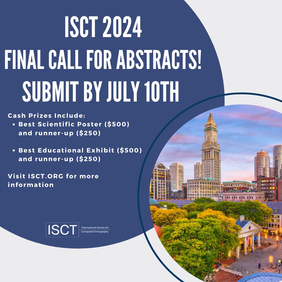 🚨 Last Call! 🚨 Don’t miss your chance to showcase your research at #ISCT24! The abstract submission deadline is July 10th. Submit your work now and be part of the International Society for Computed Tomography's annual meeting. 📅 #MedicalImaging #Radres #Radiology #MEDX