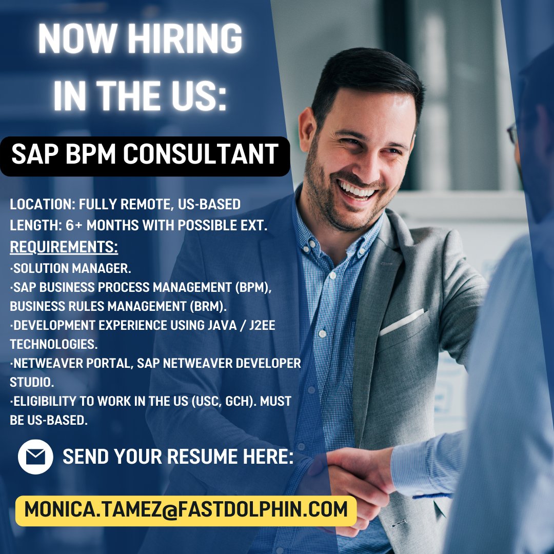 fastdolphin's tweet image. Fast Dolphin is now seeking an SAP BPM Consultant for a 6-month remote project in the US.

*Looking for US-based candidates.
*No partners.
 
If you&apos;re interested and fulfill all requirements, please send your resume to: monica.tamez@fastdolphin.com
 
#SAPBPM #SAPJOBS