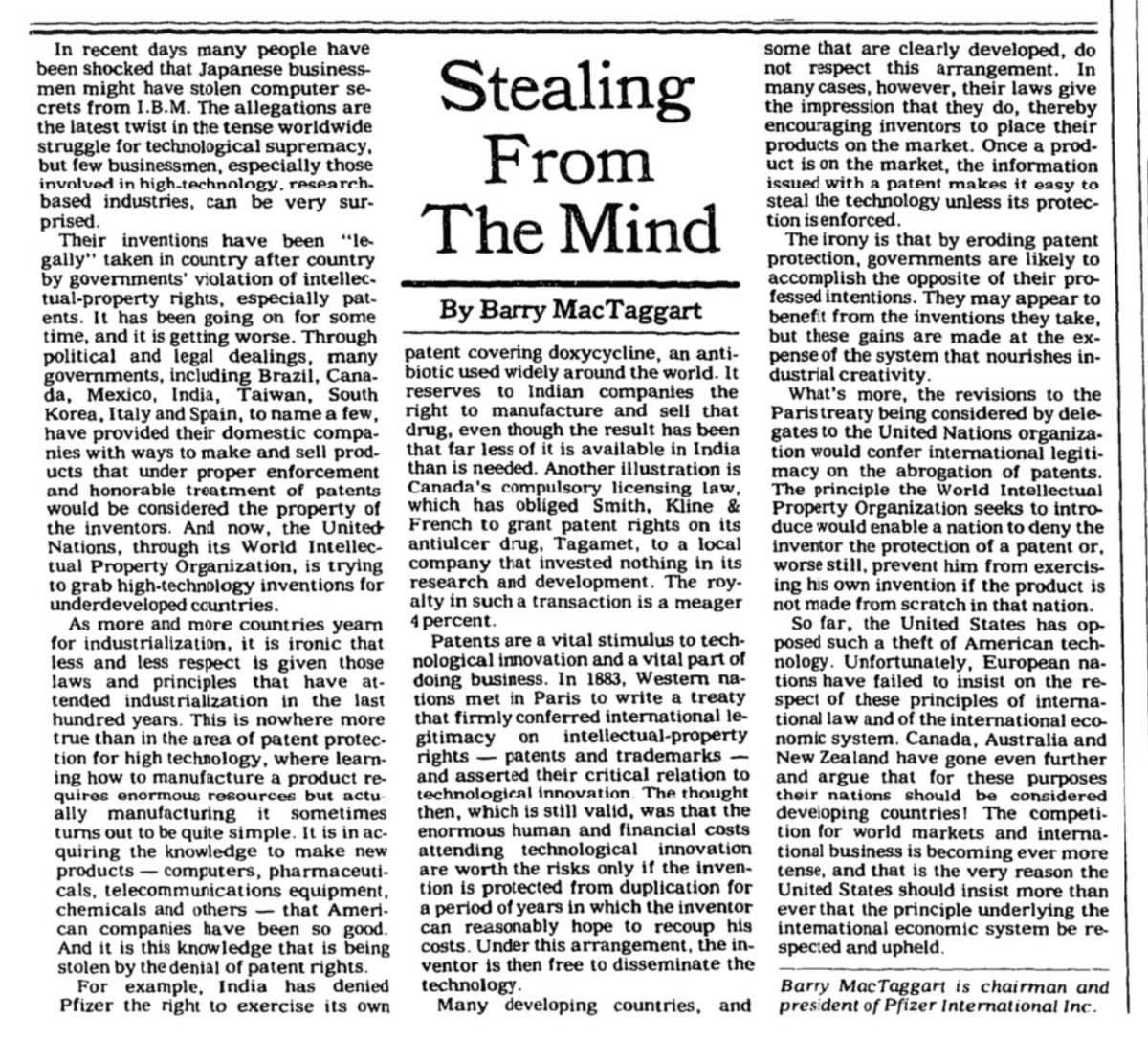 realtahiramin's tweet photo. On this day—July 9, 1982—the NYT published an op-ed in which the then president of Pfizer accused countries of stealing American knowledge.

It ignited Pfizer’s campaign to globalise patent monopolies and undermine the technological development of formerly colonised nations.🧵 https://t.co/CLOy0I1F6E
