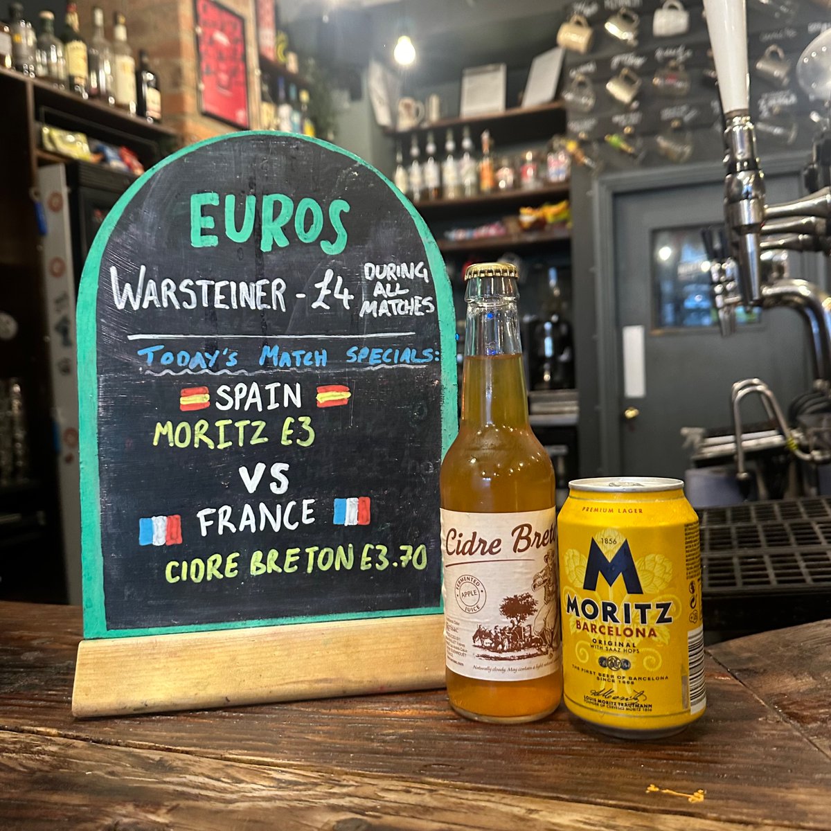 🔥EUROS SEMI FINAL🔥
France play Spain tonight at 8pm and we’ve got a few special offers on during the match!! 

- cidre Breton, a fine French cider produced in the heart of Brittany for only £3.70

- Moritz, a premium lager which is the first beer of Barcelona for only £3