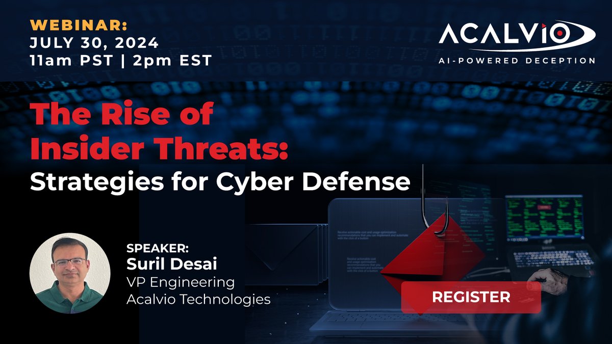 AcalvioTech's tweet image. Webinar on July 30: The Rise Of Insider Threats: Strategies For Cyber Defense buff.ly/4bxBGgB

👉 Insider threats are rising with the increased adoption of cloud services and remote work making it easier for insiders to gain access to sensitive data.
 
#CyberDeception