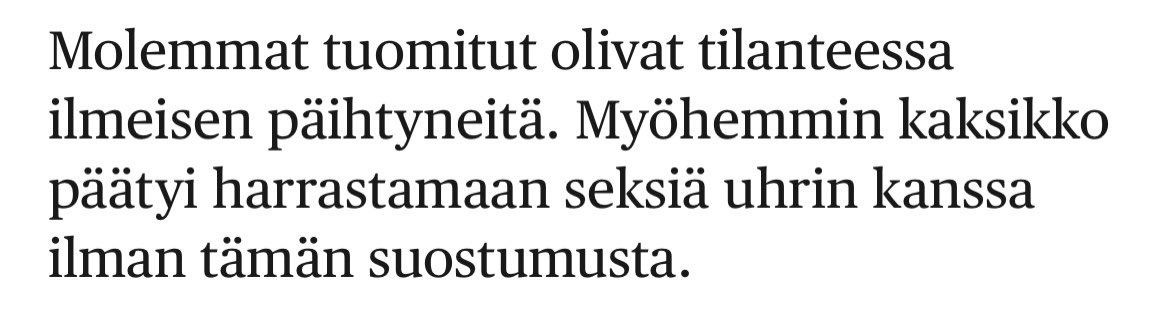 Mitä vittua? Seksin harrastaminen ilman suostumusta on RAISKAUS. Haloo <a href="/hsfi/">Helsingin Sanomat</a>, kieli luo todellisuutta. Näitä ei pidä silotella.

hs.fi/urheilu/art-20…