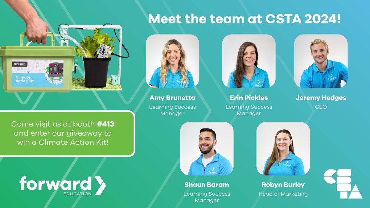 Forward__EDU's tweet photo. CS Educators - we can't wait to meet you at @csteachersorg #CSTA next week!✈️

📍 Find us at  Booth #413 to get hands-on with our Climate Action Kit, get some free swag, and get a chance to WIN a Climate Action Kit of your own!🌟
#CSteacher #STEMeducation 
https://t.co/u5hhH7RoNr https://t.co/6SJaRasVoB