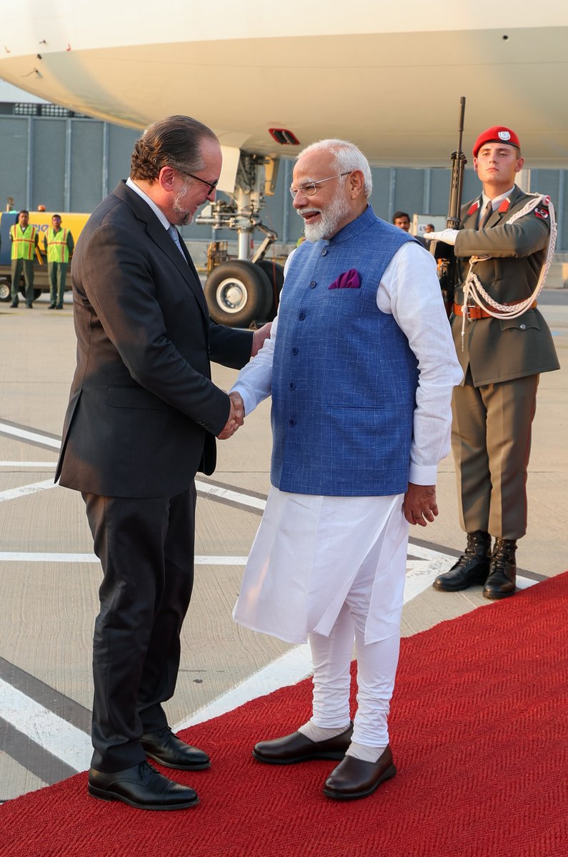 narendramodi's tweet image. Landed in Vienna. This visit to Austria is a special one. Our nations are connected by shared values and a commitment to a better planet. Looking forward to the various programmes in Austria including talks with Chancellor @karlnehammer, interactions with the Indian community and…