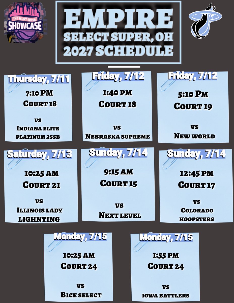 🔥 Empire HS Schedules 
📍 Select Super @ OH
📍 Midwest Summer Classic/P24 Session 2