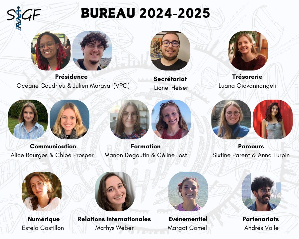 SIGF_genetique's tweet photo. Et voici le trombinoscope officiel du nouveau bureau de la #SIGF pour l’année 2024-2025 🧬 https://t.co/7hnYYnkTIq