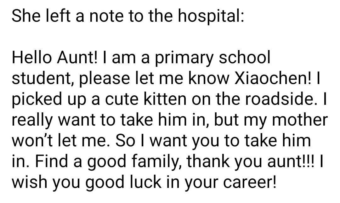 WeAreNotFood's tweet image. July 7th, 2024, Yantai, Shandong. 

A girl picked up a kitten on the roadside but couldn&apos;t keep him. Her Mama wouldn&apos;t let her. So she handed the cat to the pet hospital and then left. 

She left a note to the hospital:

#helpanimals #helpinganimals #bekindtoanimals #thankyou