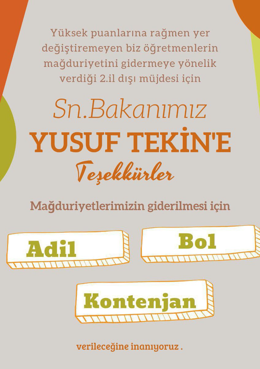 #kontenjanlarıacmavakti
Sayın bakanım, 
Öğretmenler olarak ikinci il dışı tayin hakkında bol kontenjan talep ediyoruz.