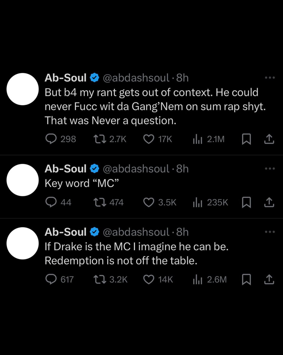 Much's tweet image. #AbSoul said this about #Drake and his upcoming music: “If Drake is the MC I imagine he can be. Redemption is not off the table.” Do you agree or disagree?