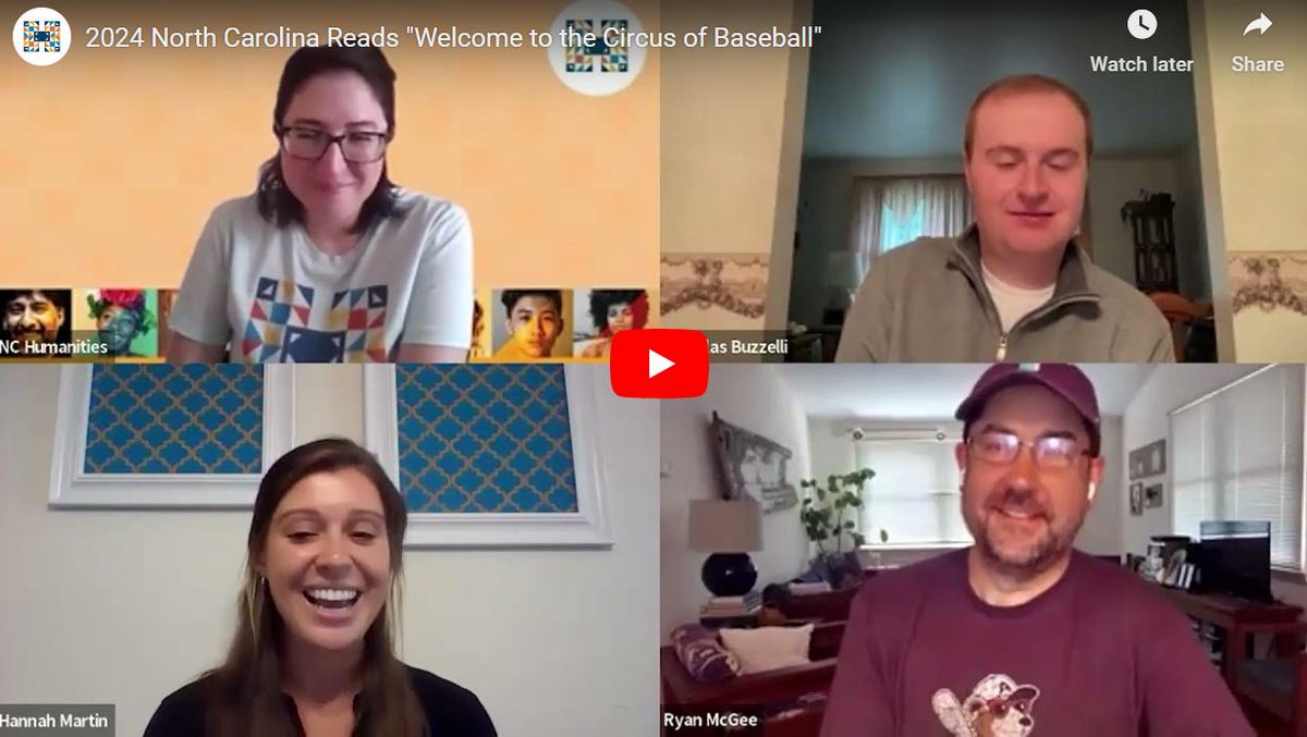 NCHumanities's tweet photo. Did you miss our last #NCReads book club discussion of 2024? Good news! You can watch the program recording on our YouTube channel: https://t.co/msF0l22xvQ ⚾️ Hear author @ESPNMcGee,  Dr. Nick Buzzelli &amp; @GoTourists discuss "Welcome to the Circus of Baseball." https://t.co/plUzv1Ykmm