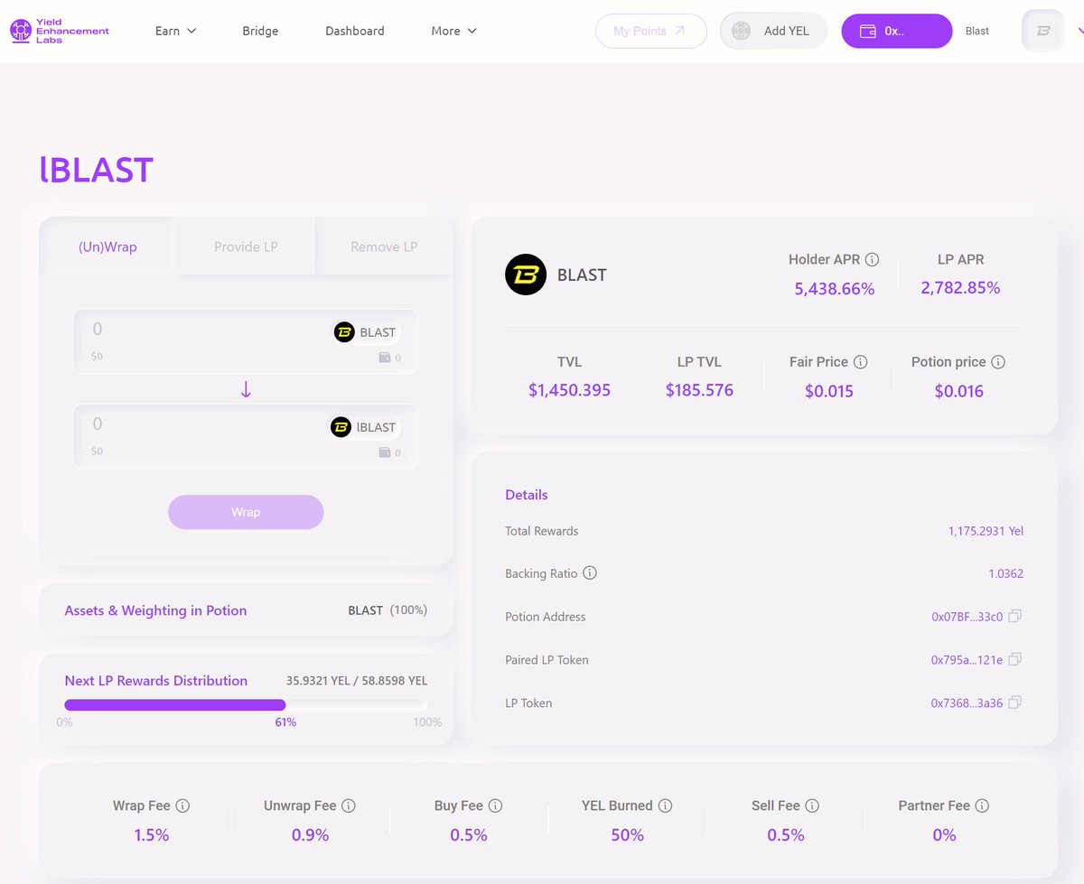 2puppiescom's tweet photo. @yel_finance team continue to dominate on @blast chain and launched $lBLAST (liquid $blast a.k.a potion). At the launch time 1 lBLAST= 1 BLAST and the amount of $BLAST token inside 1 liquid BLAST potion can only grow Now 1 lBLAST = 1.0362 BLAST  🥰🥰🥰
3,6%  free blast in few hours its insane.... #moneyprinter
Also you can provide liquidity to pool ( $lBLAST and $lETH) a bit conservative liquidity mining strategy but still with huge APR  and also mine #BlastGold  💸💸
As always remember , the early bird gets the worm.

How to buy $YEL token on $BLAST chain? 
Via @XCeption_bots telegram bot:
https://t.co/KNPsRfeZ2i

Via @ThrusterFi DEX
https://t.co/5UO9G8G6cG
------------------------------------------------------------
Where to wrap BLAST, ETH,YEL tokens to liquid version on BLAST chain?
https://t.co/MU8lsXeHSw
------------------------------------------------------------
Need bridge from $ETH to $BLAST ?
https://t.co/yXEehljxLt
https://t.co/VCspH3hnq4
https://t.co/NiVo64cEvU
https://t.co/nGP5377Yc4

#liquiditymining $XCEPT #lpmining #staking