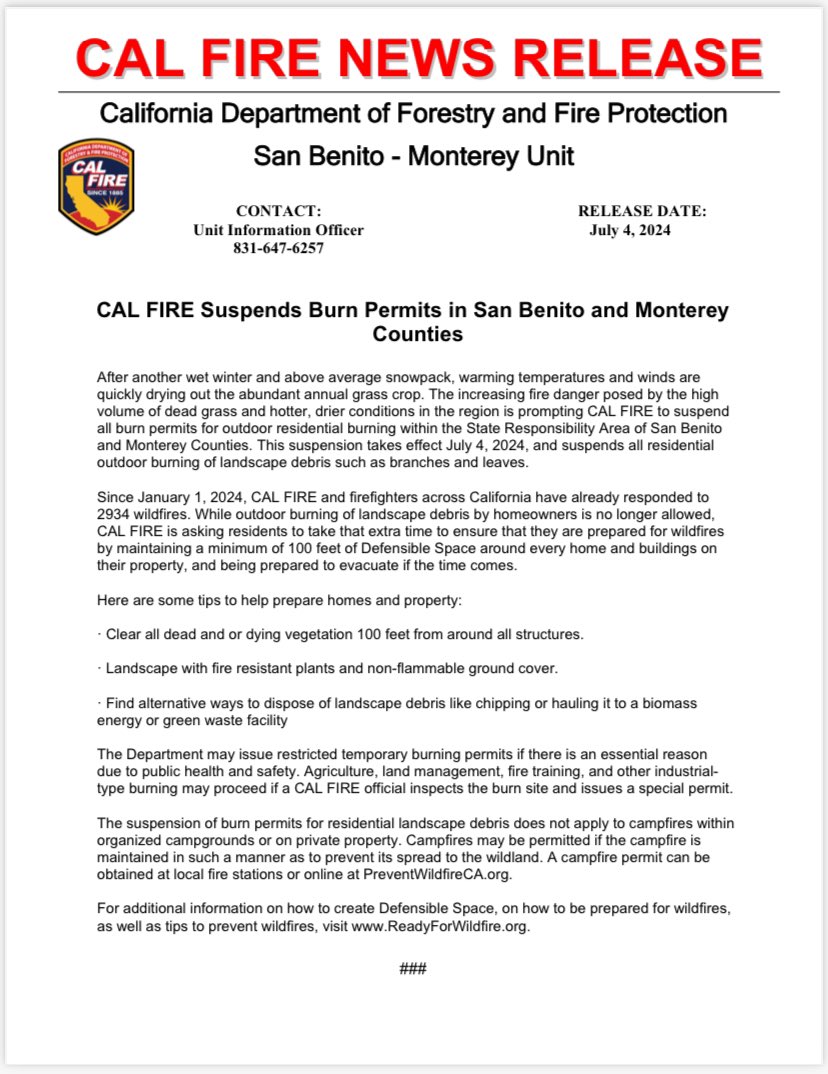 CAL FIRE Suspends Burn Permits in San Benito and Monterey
Counties.