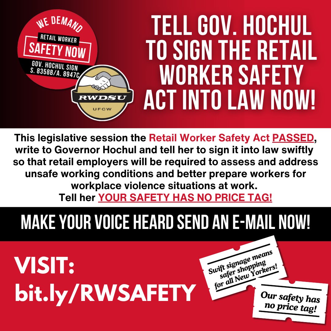 The landmark #RetailWorkerSafety Act passed the NYS legislature this session. Now, retail workers and shoppers are calling on <a href="/GovKathyHochul/">Governor Kathy Hochul</a> to sign these common-sense safety measures into law swiftly! Write an email to Gov Hochul today: bit.ly/RWSAFETY