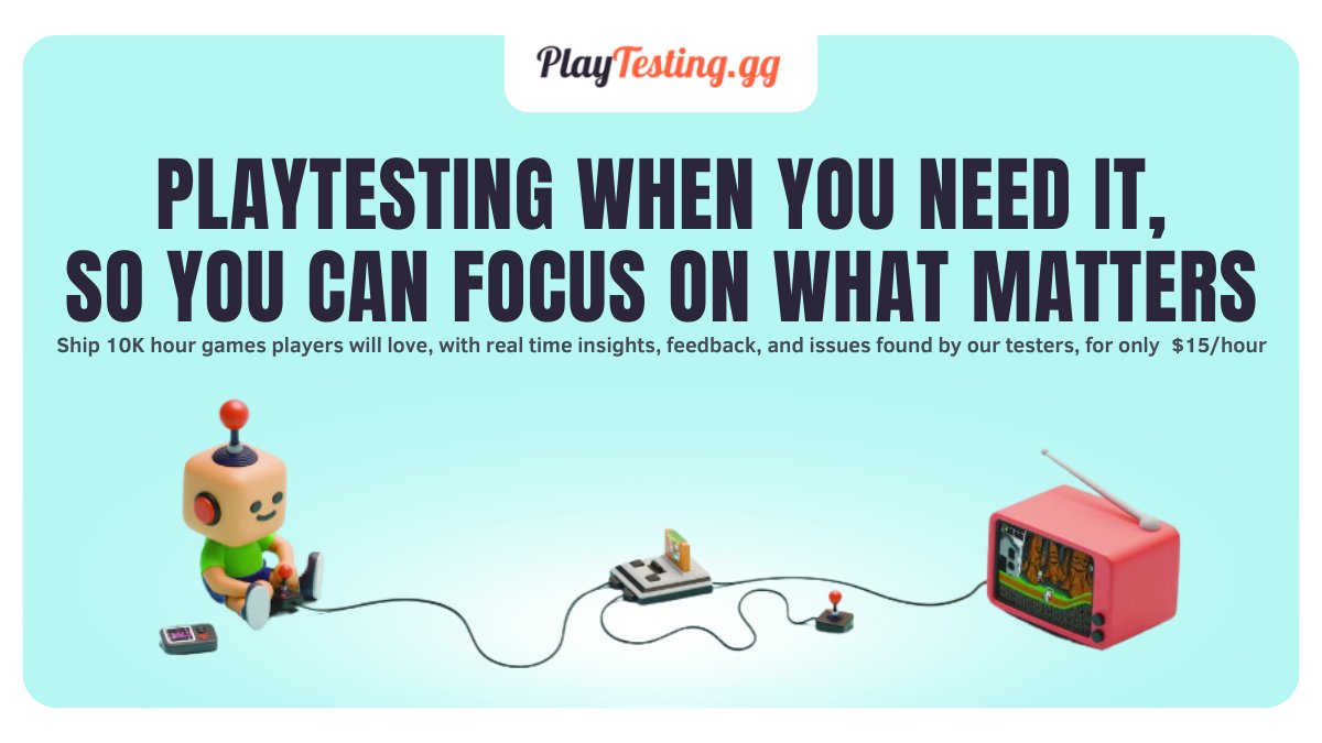 🚀 Speed up your game development with PlayTesting.gg’s efficient QA services. Get detailed feedback and fix issues faster. Sign up now for 4 free hours of testing!  
#gamedev #indiedev #GameTesting #PlayTesting