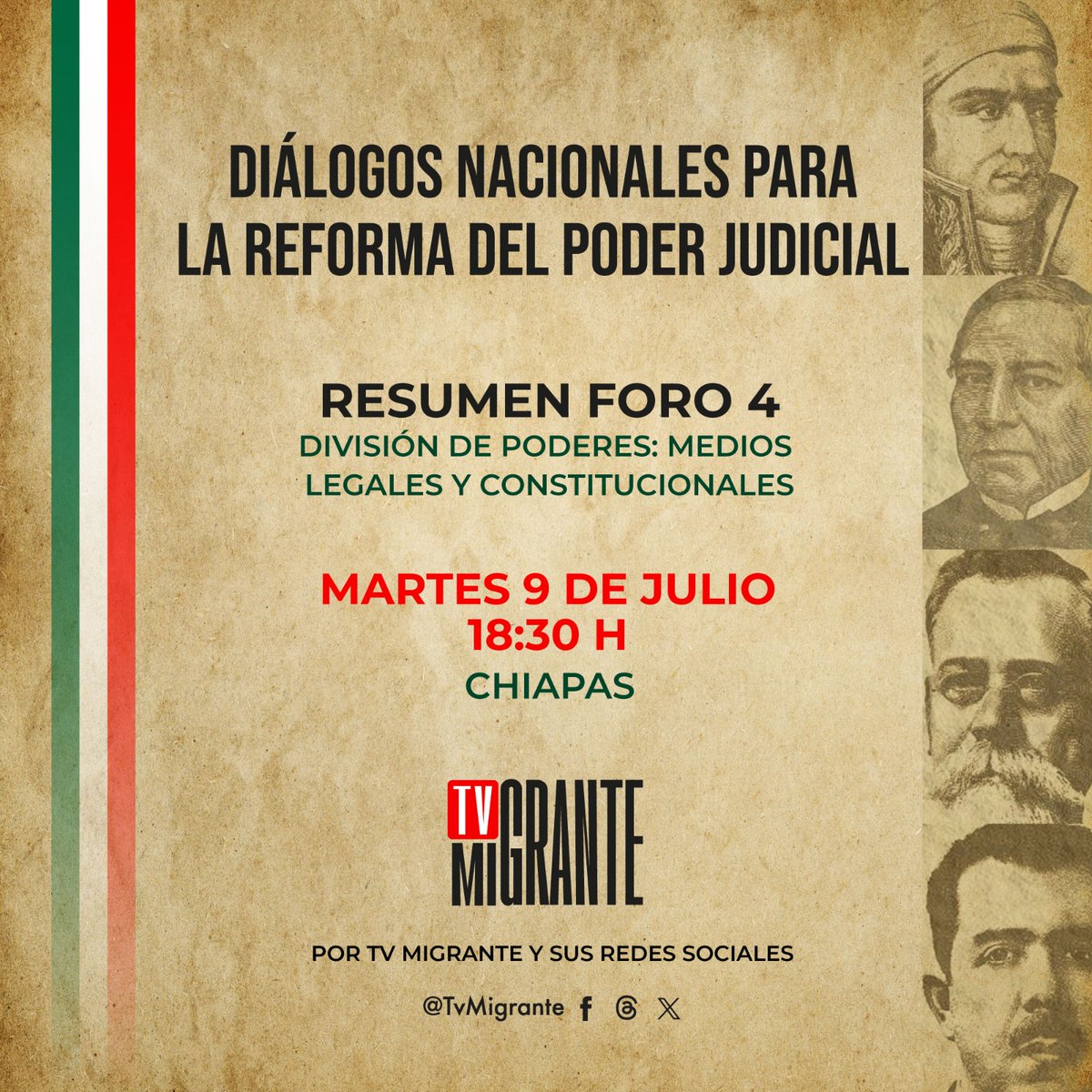 TvMigrante's tweet photo. No te pierdas el #Resumen de los Diálogos Nacionales para La Reforma del Poder Judicial
#Foro4:
👉🏾División de poderes: medios legales y constitucionales
📅9 julio a las⏰18:30H
Por 📺#TvMigrante o 📲@MxPlusTV 👉https://t.co/xxDG8ceeOS https://t.co/5vZN9NCZ73