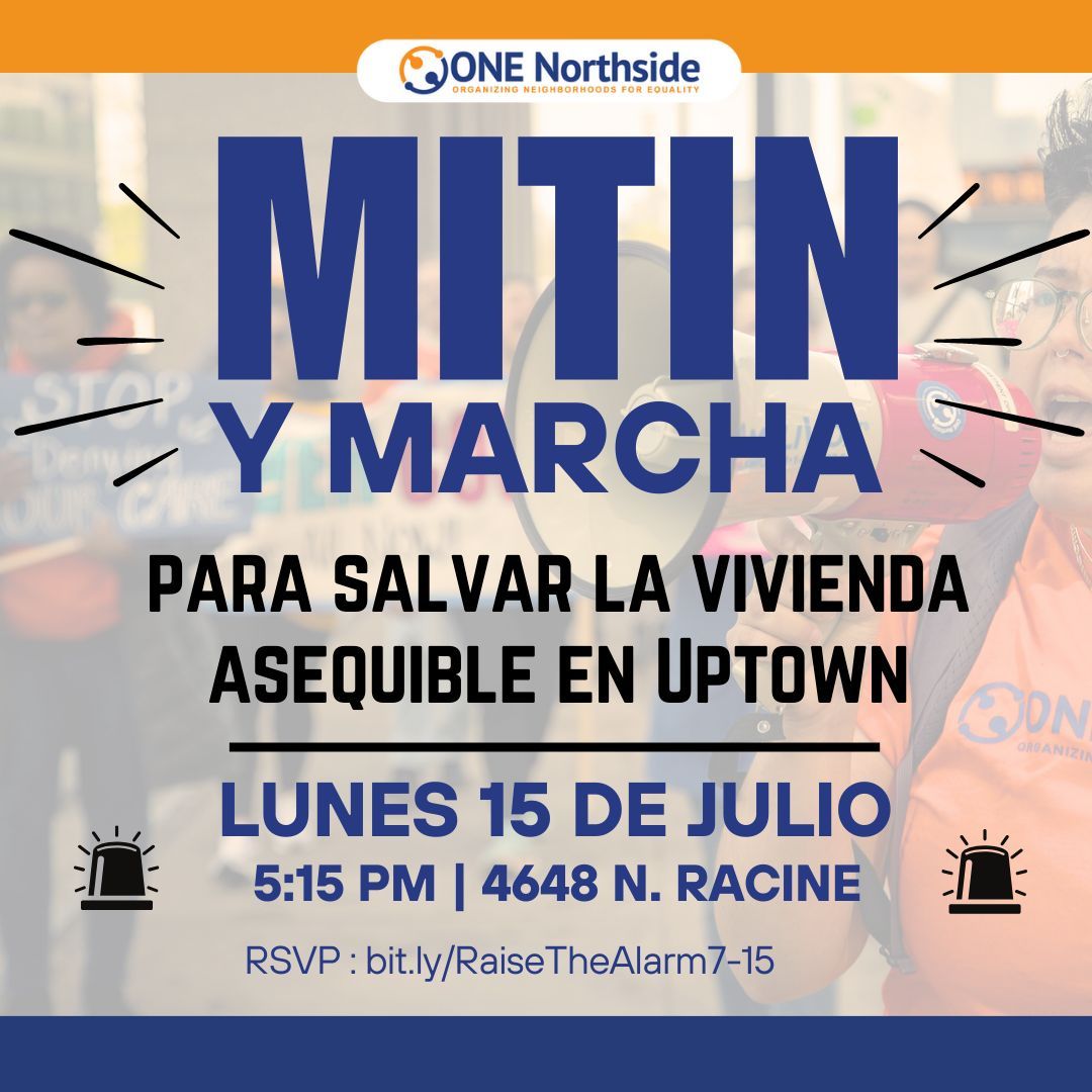 Sky-rocketing rents and the loss of affordable units are forcing our neighbors out of the neighborhood or worse, into homelessness. Join us for a rally and march to show that Uptown supports affordable housing! Join us 7/15 at 5:15pm at 4648 N Racine. bit.ly/RaiseTheAlarm7…