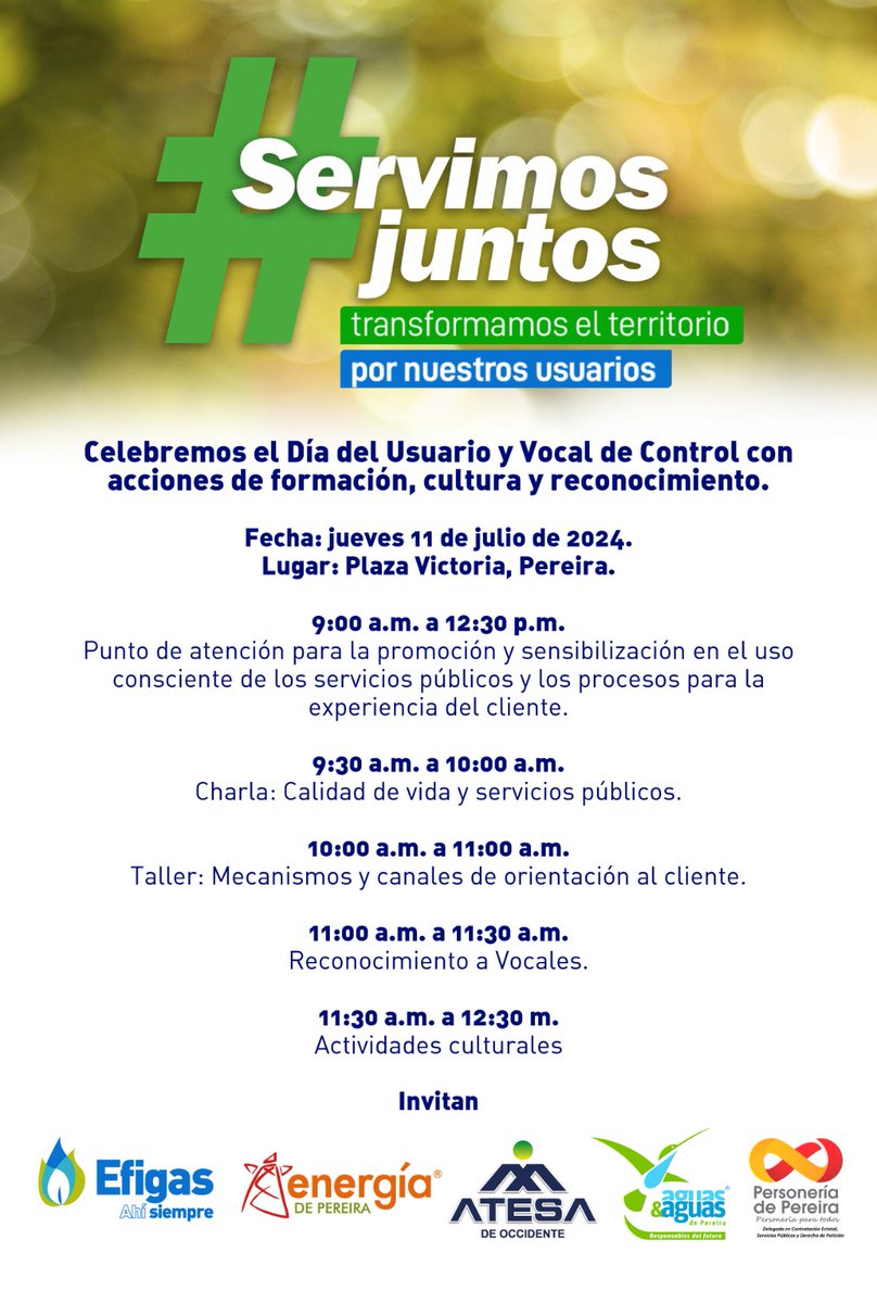 #JCINFORMATV En el día del usario y vocal del control nos invitamos este jueves 11 de julio de 9:00 a.m. a 12:30 m en la plaza victoria pereira para esta hermosa actividad los esperamos <a href="/ATESADOCCIDENTE/">ATESA DE OCCIDENTE</a> <a href="/GrupoInteraseo/">Interaseo</a>