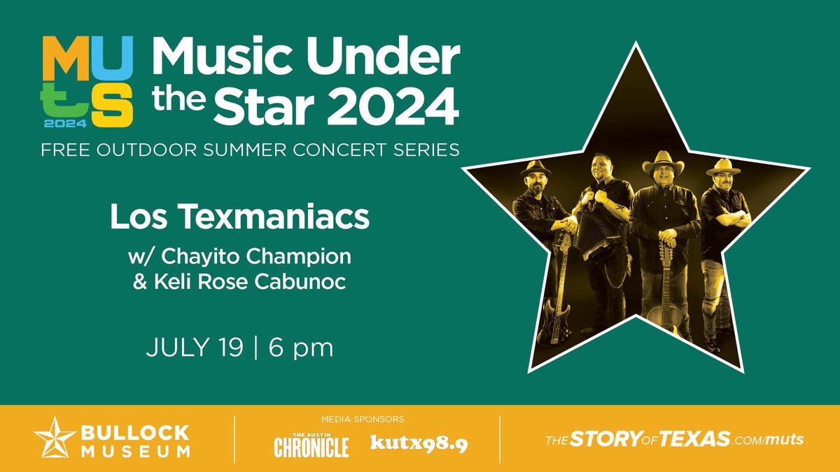KUTX's tweet photo. Join us Friday, July 19th for Music Under the Star at @BullockMuseum! GRAMMY® award-winning Max Baca and Los Texmaniacs headline, with Chayito Champion and Keli Rosa Cabunoc opening!

Bring the whole family! Cold drinks and food for sale. More info: https://t.co/Ug4ilxJAkU https://t.co/qMA0YZtM6V