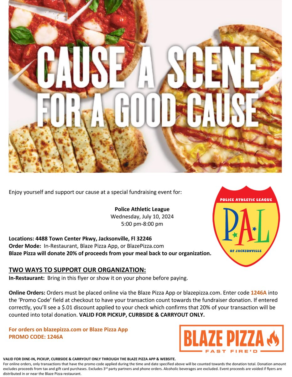 Join us on tomorrow, July 10th at 5:00 PM at Blaze Pizza, 4488 Town Center Parkway! 📷📷 Enjoy delicious pizza while supporting a great cause. Proceeds will go to our JaxPAL Cheer Program. We can’t wait to see you there!