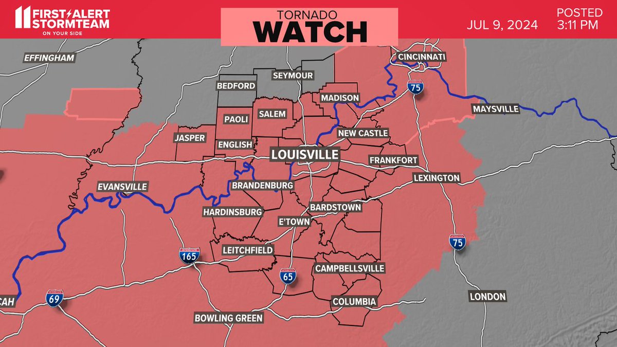 JUST IN | A Tornado Watch has been issued for parts of the WHAS11 viewing area until Jul 10 12:00AM EDT. Know where you can take shelter. Watch WHAS11 for the latest forecast. #kywx #inwx