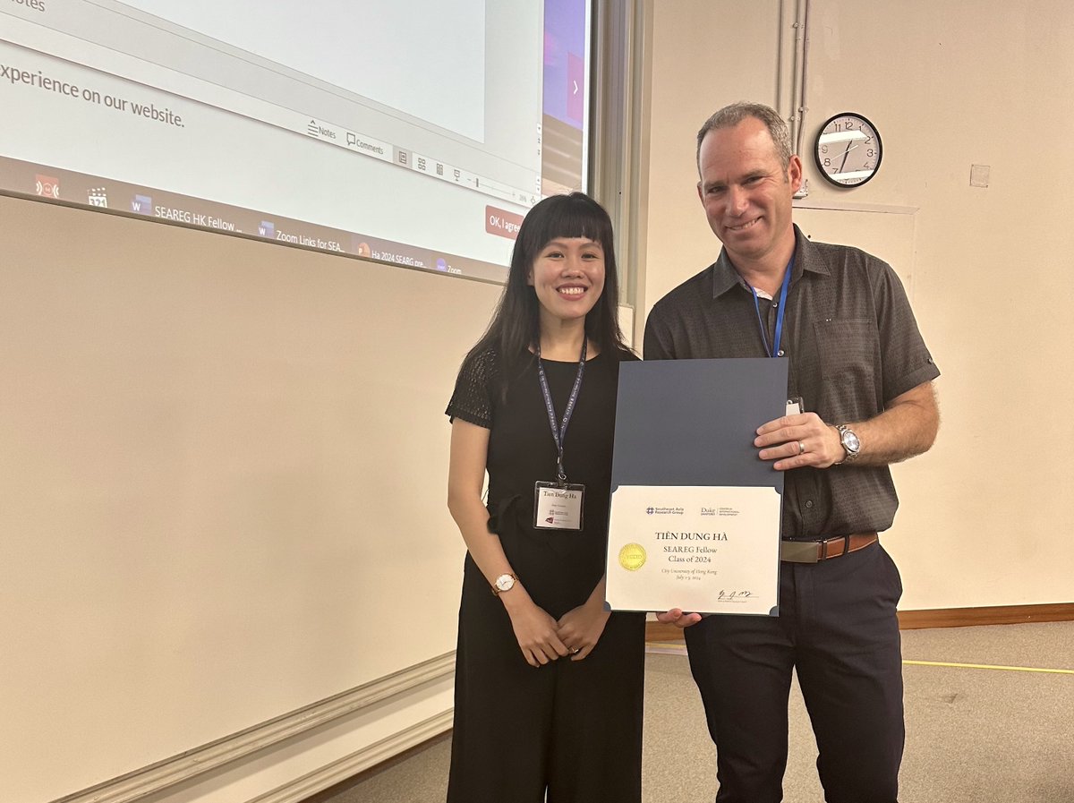 SEAREG (@seareg_) on Twitter photo What a fantastic conference! Congrats to the 2024 Summer SEAREG Fellows and thank you to the Southeast Asia Research Centre at <a href="/CityUHongKong/">CityU Hong Kong</a> for hosting us!
2024 Summer SEAREG Conference recap: dcid.sanford.duke.edu/news/seareg-co⦠What a fantastic conference! Congrats to the 2024 Summer SEAREG Fellows and thank you to the Southeast Asia Research Centre at <a href="/CityUHongKong/">CityU Hong Kong</a> for hosting us!
2024 Summer SEAREG Conference recap: dcid.sanford.duke.edu/news/seareg-coā¦