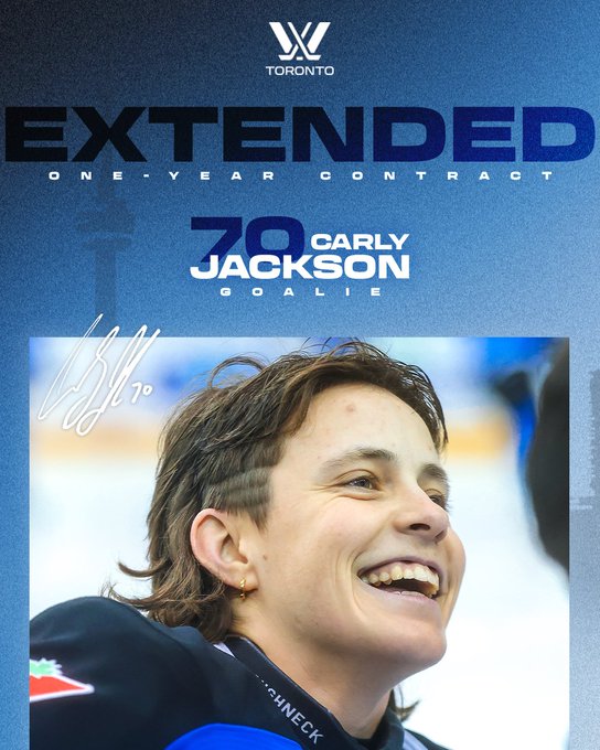 A graphic to communicate Carly (CJ) Jackson’s contract extension with PWHL Toronto. 

The top half of the graphic has the PWHL Toronto logo and text that reads “Extended. One-year contract. #70, Carly Jackson, Goalie.”

The bottom half of the graphic has an action shot of CJ and her signature in white.

Everything is on a light blue background with a silhouette of the Toronto skyline.