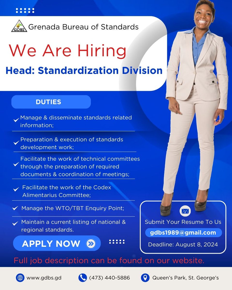 GDBS473's tweet photo. Vacancy ❗️Vacancy❗️
We are seeking a motivated individual to join our team as the Head: Standardization Division.

Deadline is August 8, 2024.

For more information, click the link below
https://t.co/qML67sPEbO https://t.co/HVVLvBiIor