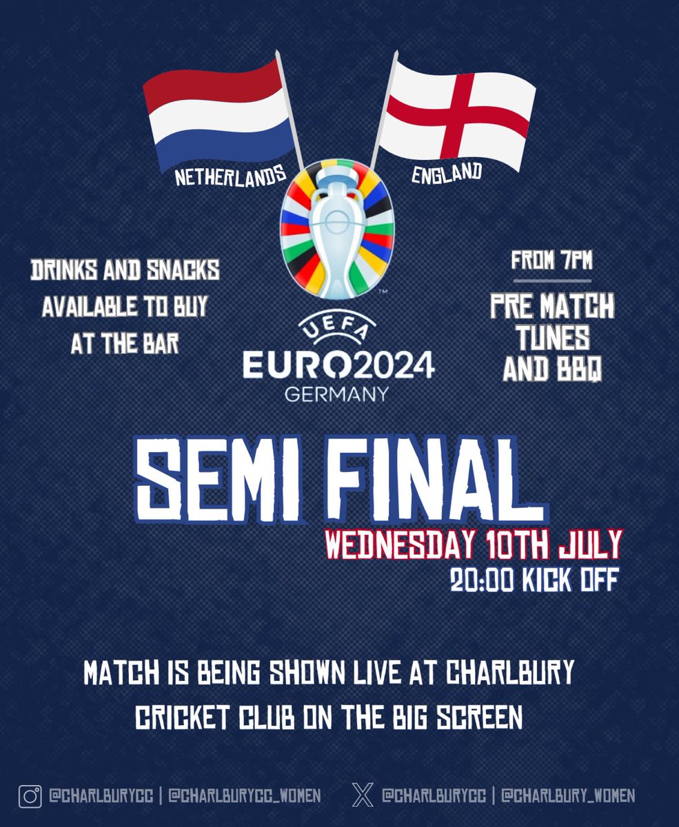 Join us tomorrow evening to watch England take on Netherlands in the Semi Finals of the Euros!! ⚽️🏆

🍔 Pre match tunes &amp; bbq from 7pm
📺 Shown live at CCC on the big screen
🍻 Drinks &amp; snacks available to buy at the bar

#Euros2024 | #150thYear | #UpTheCees | #WeAreTheStags🦌
